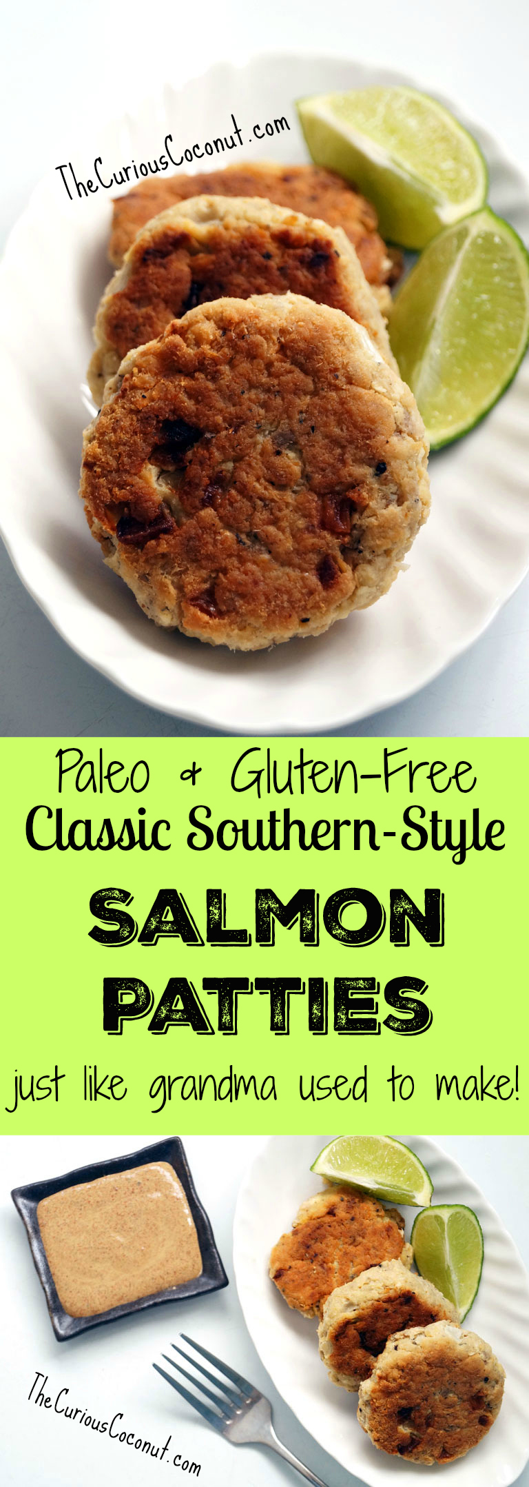Just like Grandma used to make - Southern-style salmon patties with a secret sauce! Paleo and gluten-free. // TheCuriousCoconut.com