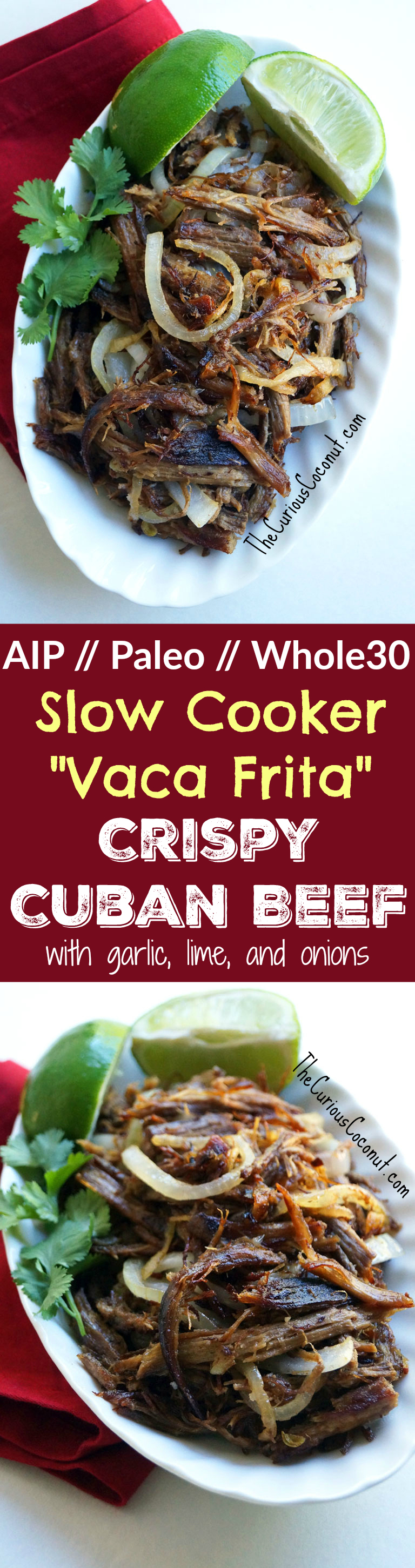 Vaca Frita is a traditional Cuban dish of crispy fried beef with garlic, lime, and onions. Pair it with tostones, maduros, or yuca con mojo for a festive Cuban #Paleo dinner at home! // TheCuriousCoconut.com